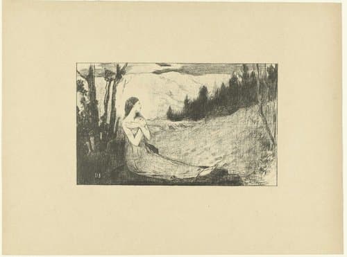 Heilige Agnes zit op rots in landschap by Jean Danguy