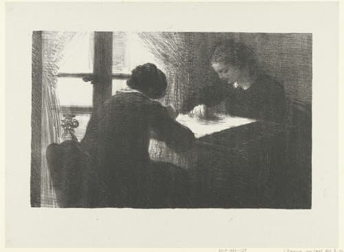 Twee vrouwen borduren aan tafel bij raam in interieur by Henri Fantin-Latour