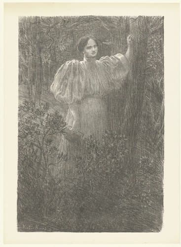 Vrouw met boek leunend tegen boom in bos by Victor Koos