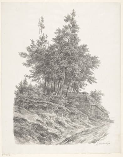 Groep bomen bij boerderij by Adrianus van der Koogh