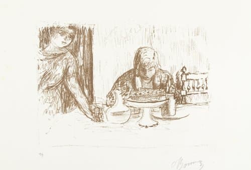 Man en vrouw aan gedekte tafel met schalen en karaf by Pierre Bonnard