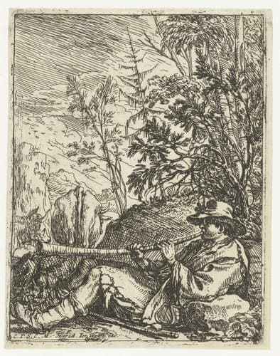 Rustende herder spelend op een hoorn by Jonas Umbach
