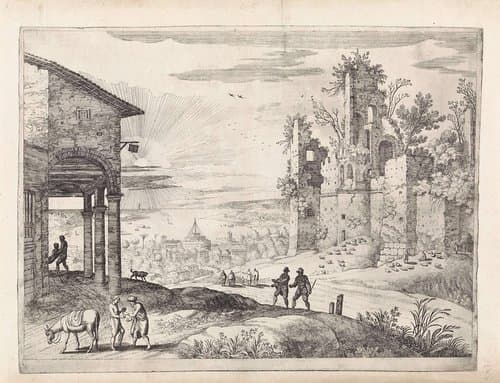 Landschap met de barmhartige Samaritaan bij de herberg by Guilliam van Nieulandt (II)