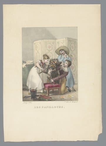 Drie kinderen geven een hond krullen met papillotten by Charles Aubry