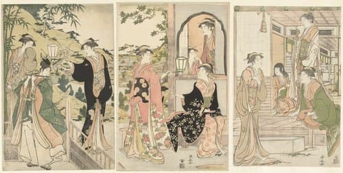 Yoshitsune brengt een serenade aan Joruri hime by Torii Kiyonaga