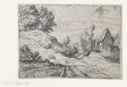 Huis naast een heuveltop begroeid met bomen by Lodewijk de Vadder