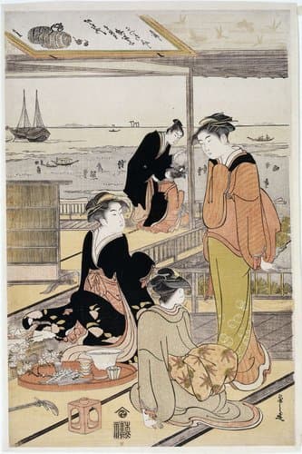Theehuis aan de Shinagawa baai by Hosoda Eishi