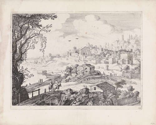 Italiaans landschap met een stad by Guilliam van Nieulandt (II)