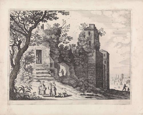 Ruïne met een groep vrouwen en kinderen by Guilliam van Nieulandt (II)
