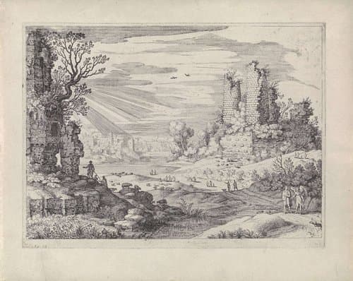 Italiaans landschap met Tobias en de engel by Guilliam van Nieulandt (II)