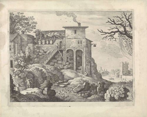 Italiaans landschap met een herberg by Guilliam van Nieulandt (II)