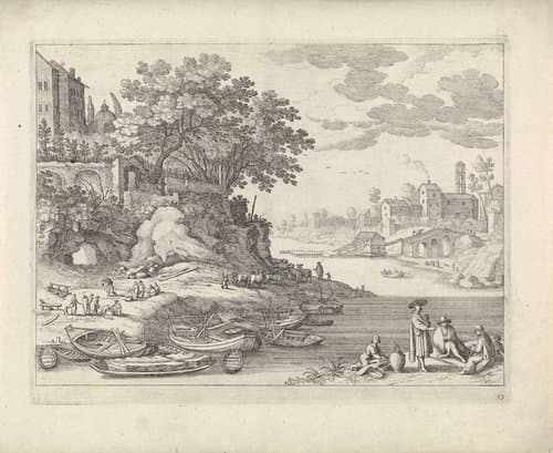 Haven met roeiboten, figuren en vee by Guilliam van Nieulandt (II)