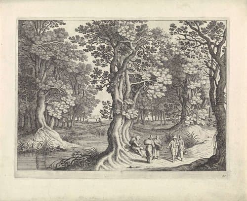 Boslandschap met vijf reizigers by Guilliam van Nieulandt (II)