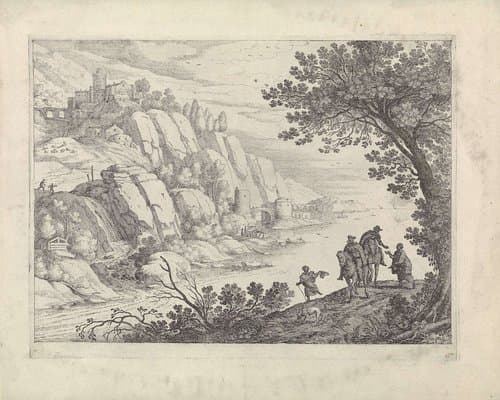 Ruiters en bedelaars in een landschap by Guilliam van Nieulandt (II)