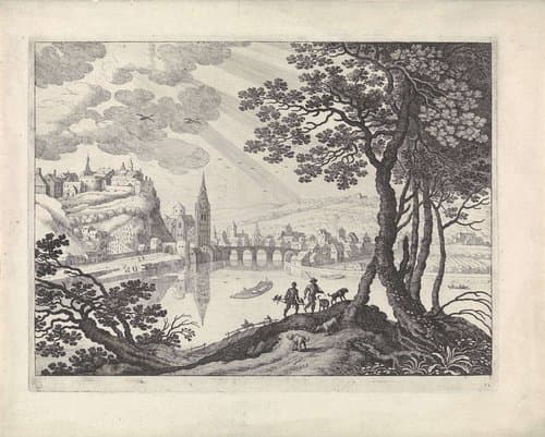Rivierlandschap met stad en twee jagers by Guilliam van Nieulandt (II)