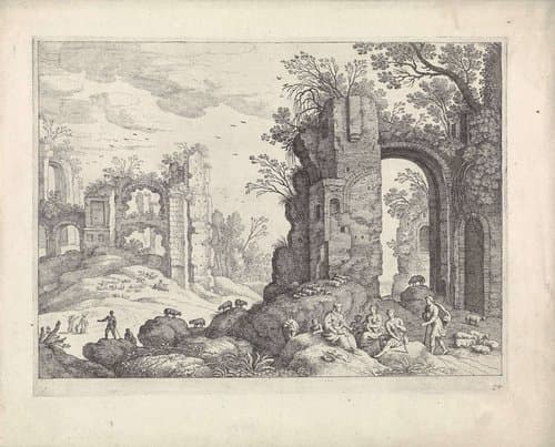 Ruïnes en een herdersfamilie by Guilliam van Nieulandt (II)