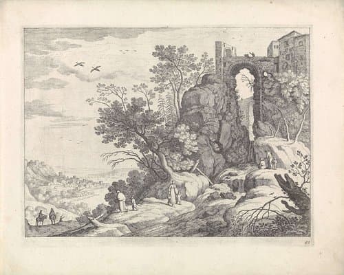 Rivier en waterval onder een hoge brug by Guilliam van Nieulandt (II)