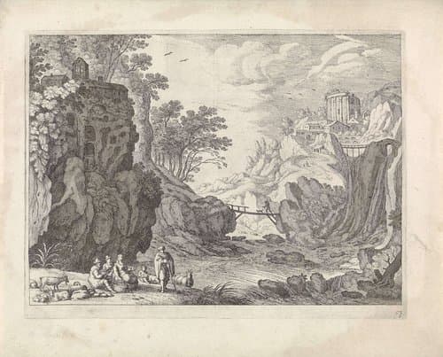Rotslandschap met een rivier en een groep figuren by Guilliam van Nieulandt (II)
