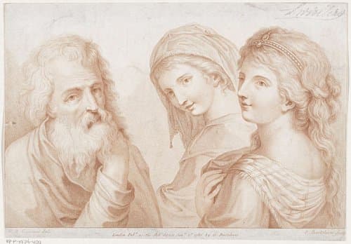 Twee jonge vrouwen en een oude man by Francesco Bartolozzi