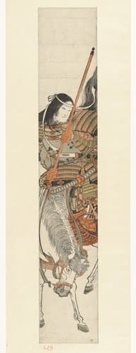 Vrouwelijke krijger Tomoe Gozen in harnas met zwaard op paard by Kitao Shigemasa