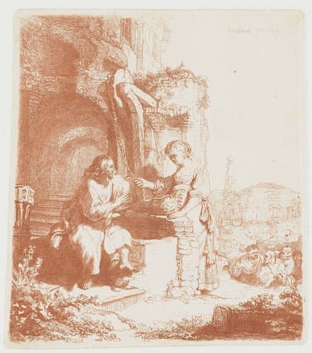 Christus en de Samaritaanse vrouw: op de achtergrond ruïnes by Rembrandt van Rijn