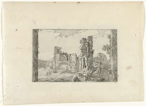 Landschap met poort en ruïne by anonymous
