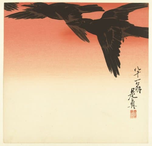 Kraaien tegen een rode lucht by Shibata Zeshin