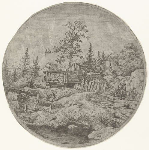 Landschap met houten brug by Allaert van Everdingen