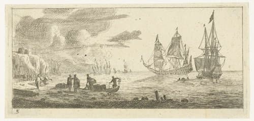 Zeehaven met twee grote zeilschepen by Reinier Nooms