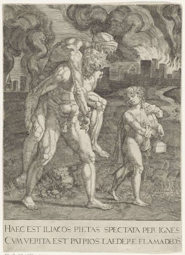 Aeneas vlucht met zijn familie uit Troje by anonymous