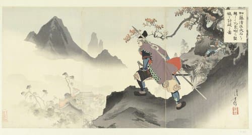 Kato Kiyomasa oishi korogashite Orankai no kenjo o uchiyaburu zu.