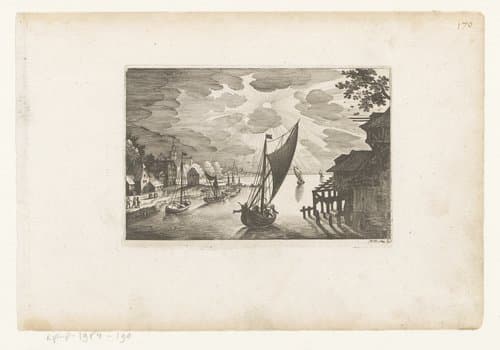 Zeehaven met ondergaande zon by Matthäus Merian (I)