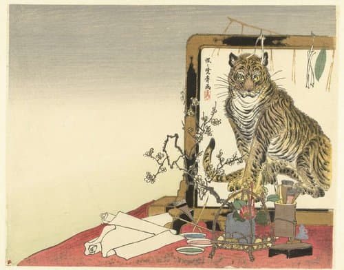 Stilleven met schildersgerei en kamerscherm by Kawanabe Kyôsai