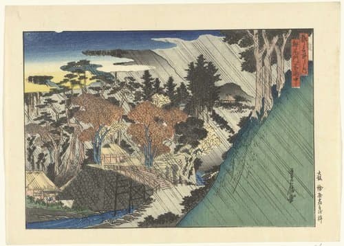 Regen voor de poort van de Togano-o tempel by Sadanobu (I) , Hasegawa