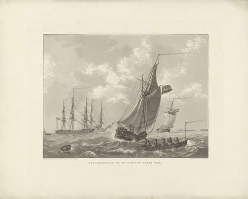 Sloep bij zeilschepen en een boei by Willem Hendrik Hoogkamer