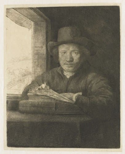 Zelfportret etsend bij een raam by Rembrandt van Rijn