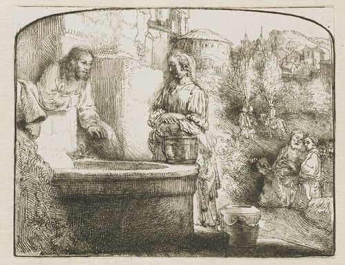 Christ and the woman of Samaria: an arched print by Rembrandt van Rijn
