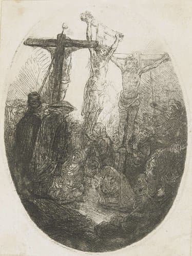 Christ crucified between the two thieves: an oval plate by Rembrandt van Rijn