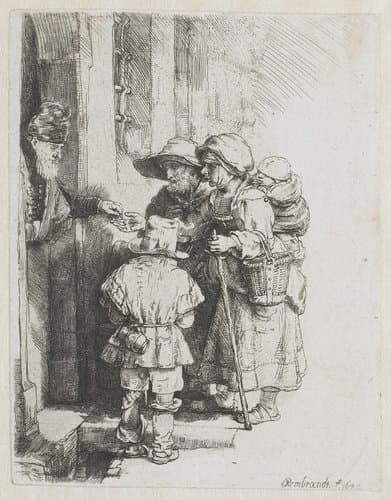 A blind hurdy-gurdy player and family receiving alms by Rembrandt van Rijn