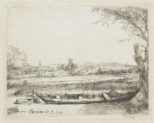 Vaart met roeiboot en brug by Rembrandt van Rijn