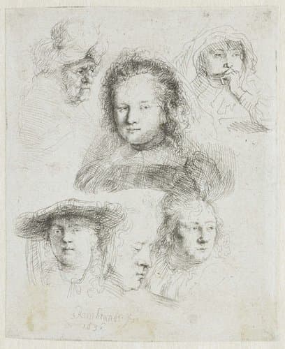 Kopstudies van Saskia en anderen by Rembrandt van Rijn