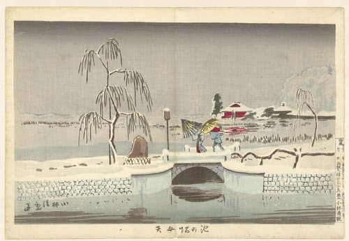 De rand van de vijver bij het Benten heiligdom by Kobayashi Kiyochika