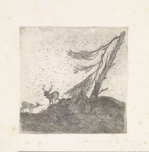 Twee herten bij een dennenboom by Dirk Arnoldus Tavenraat