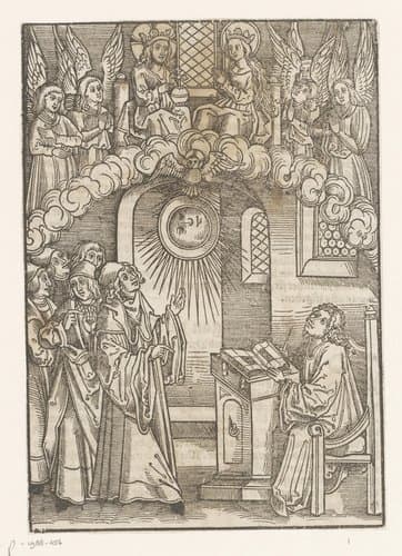 Schrijver in zijn werkkamer ziet Christus en Maria omgeven door engelen by anonymous; anonymous