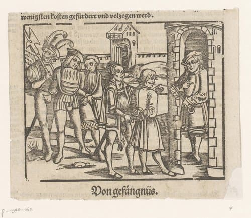 Twee gevangenen worden naar een gevangenis geleid by anonymous; anonymous