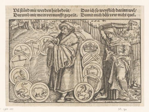 Staande geleerde omringd door symbolen, naast hem een allegorische vrouwenfiguur