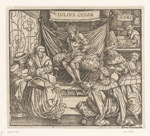 Julius Caesar in een raadsvergadering, op de achtergrond Cicero schrijvend