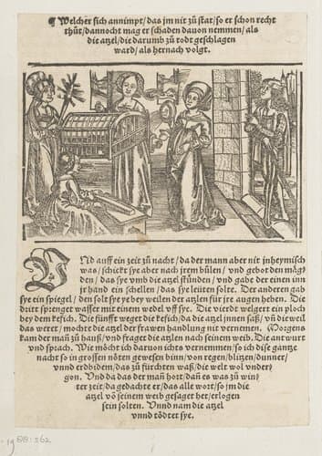 Vier vrouwen met verschillende voorwerpen in een interieur by anonymous; anonymous