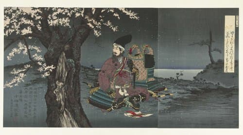 Taira no Tadanori onder een kersenboom by Kobayashi Kiyochika
