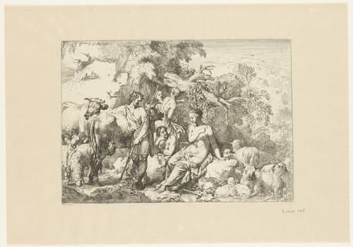 Herder met kudde en vier muzen by Christian Wilhelm Ernst Dietrich